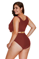 Burgundy Frill Tankini Crisscross High Waist Swimsuit